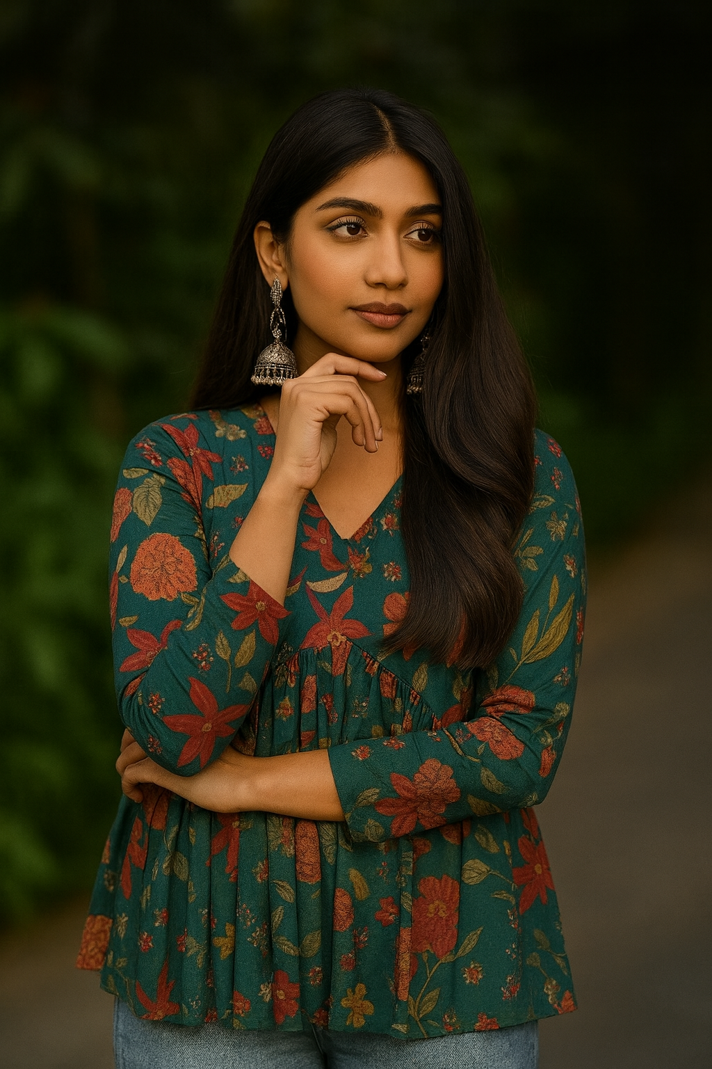 Elegance Green Cotton Top with Three-Quarter Sleeves