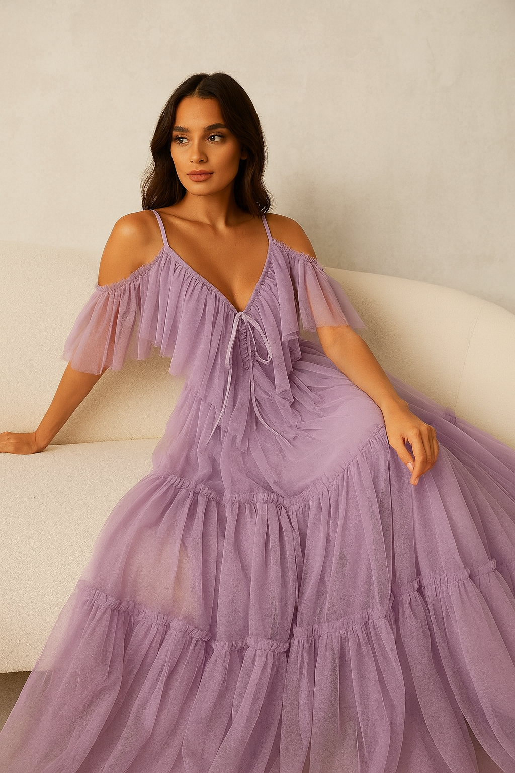 Lavender Dream Off-Shoulder Net Dress