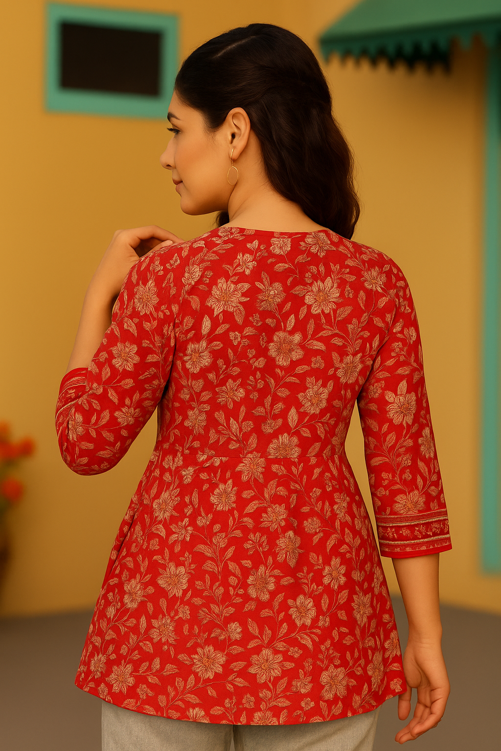 Floral Printed V-Neck Cotton Empire Top