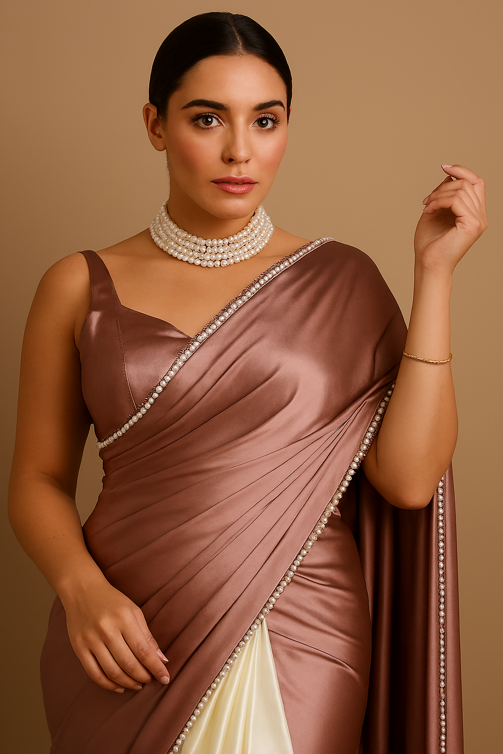 Women’s Brown Japan Satin Half-and-Half Designer Saree with Blouse Piece