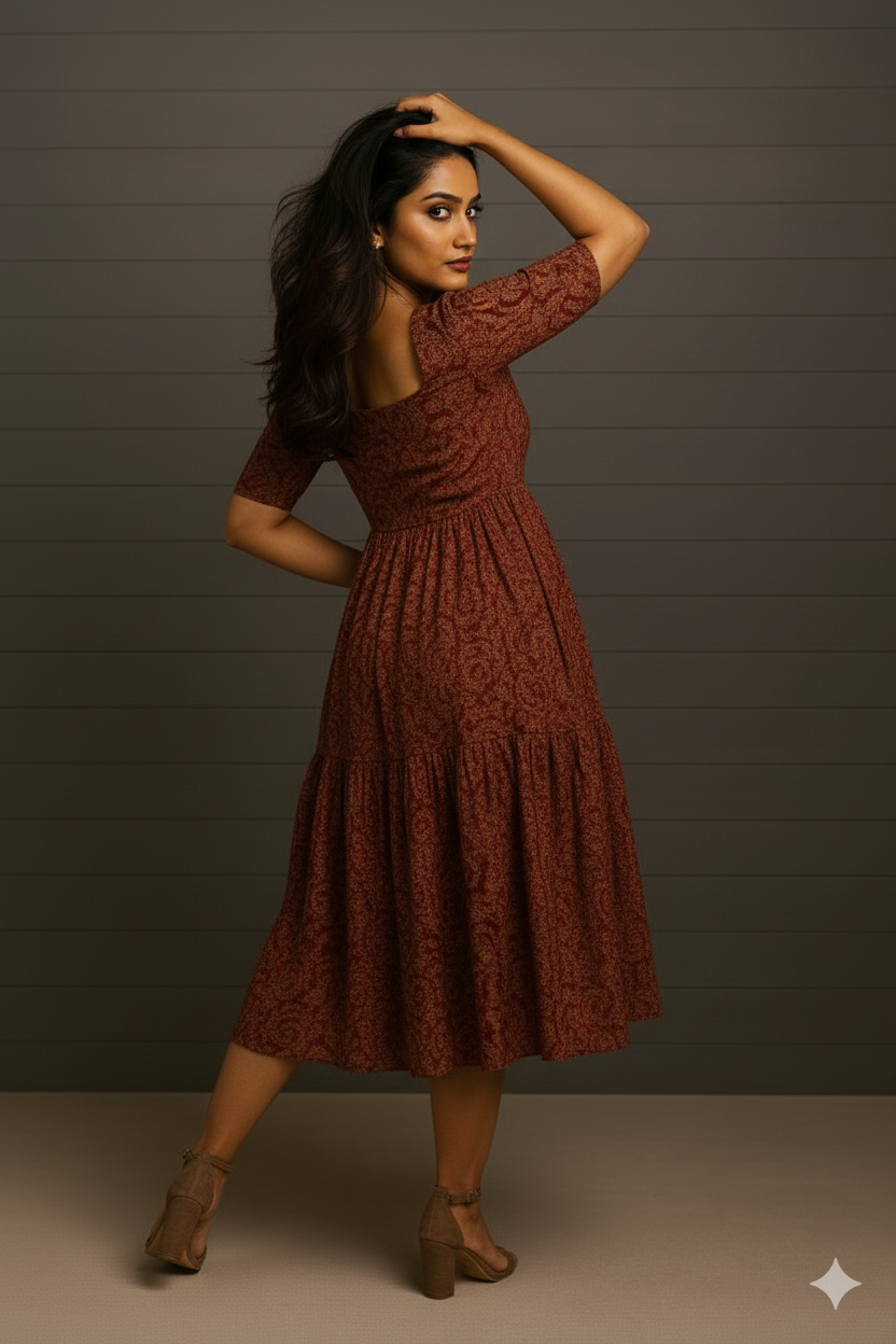 Elegant Maroon Printed Cotton Flared Gown