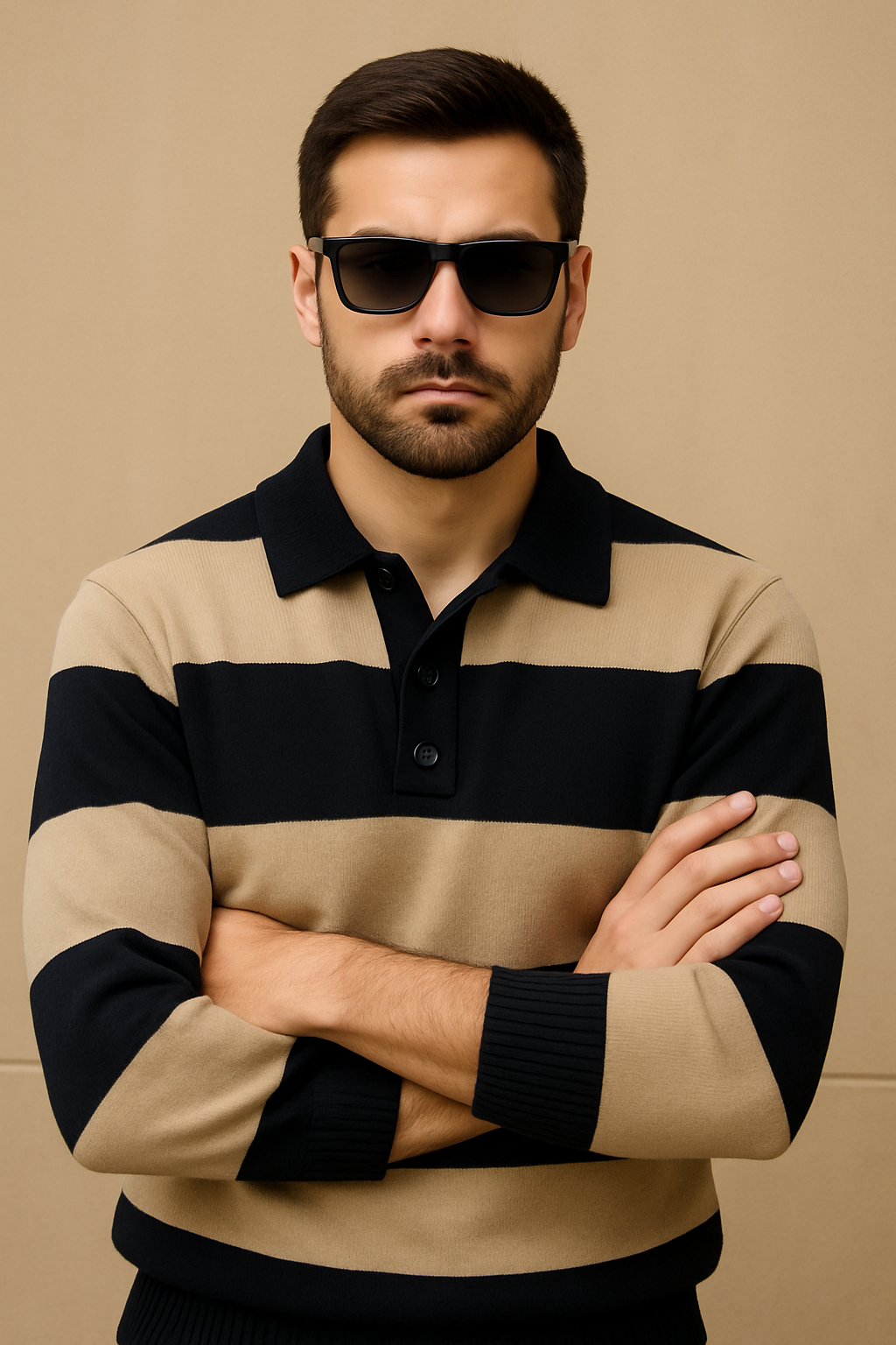Men’s Regular Fit Beige & Black Striped Polo Sweater | Acrylic Knit Long Sleeve