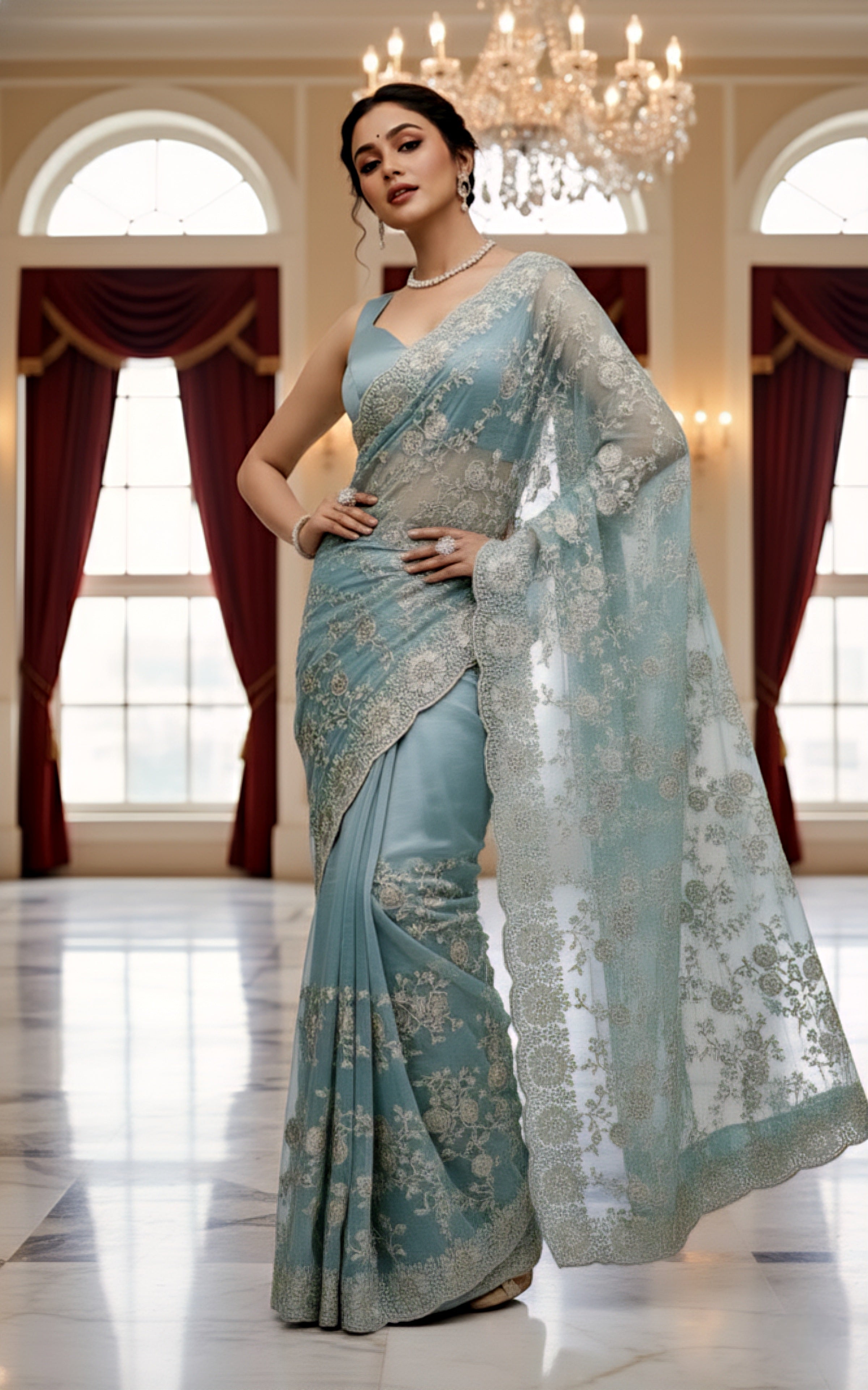 Blue & White Floral Embroidered Tissue Saree with Zari Detailing