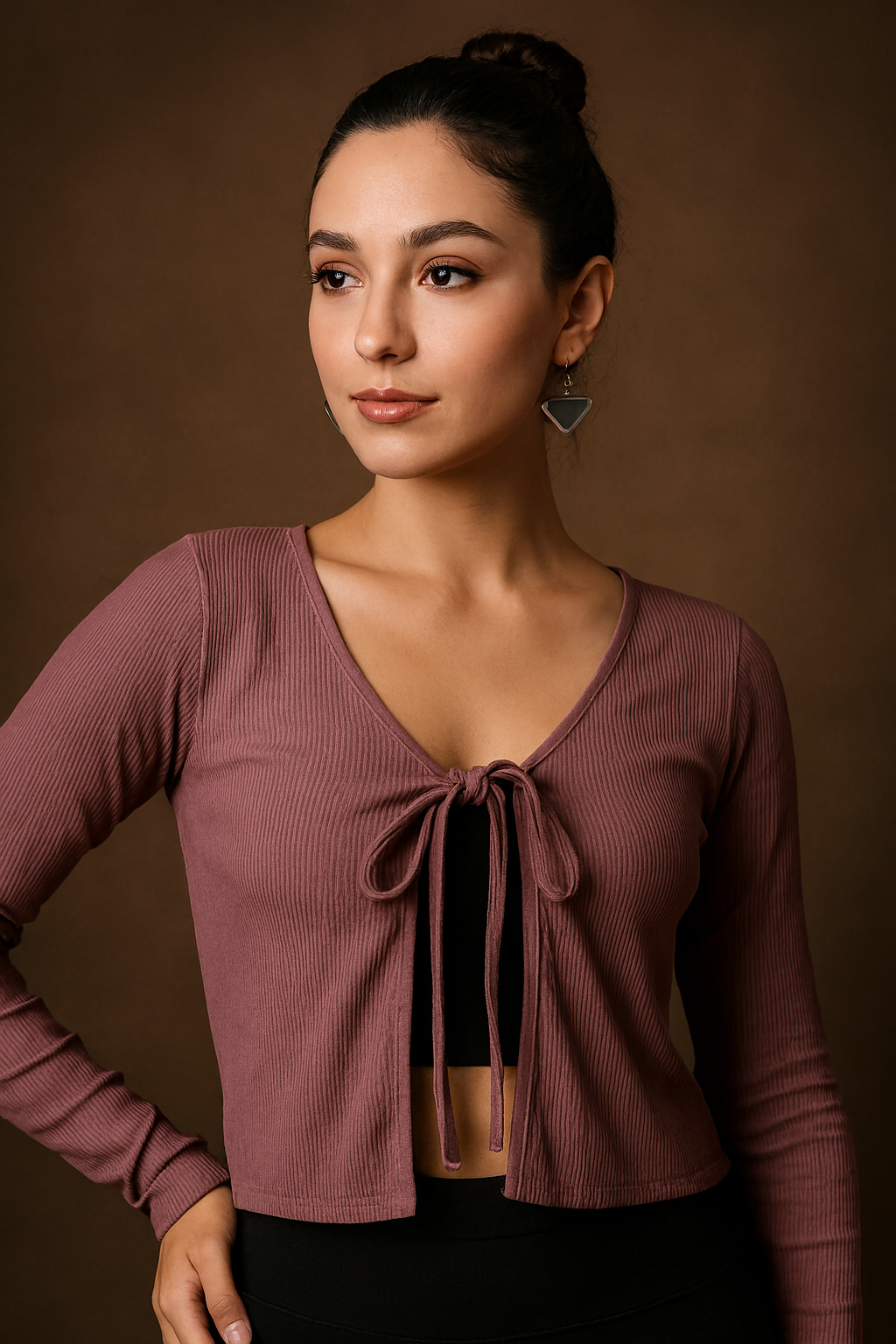 Women’s Ribbed V-Neck Tie Front Long Sleeve Top – Brown