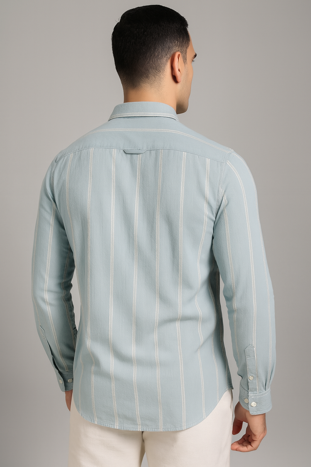 Blue & Grey Striped Cotton Casual Shirt with Patch Pocket