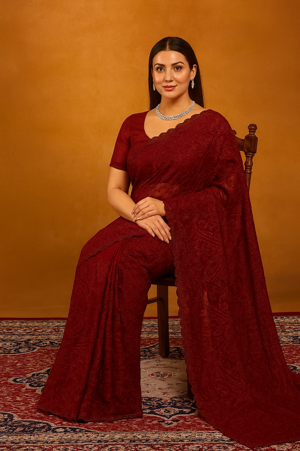 Crimson Red Pure Georgette Saree with Intricate Floral Embroidery & Scalloped Border