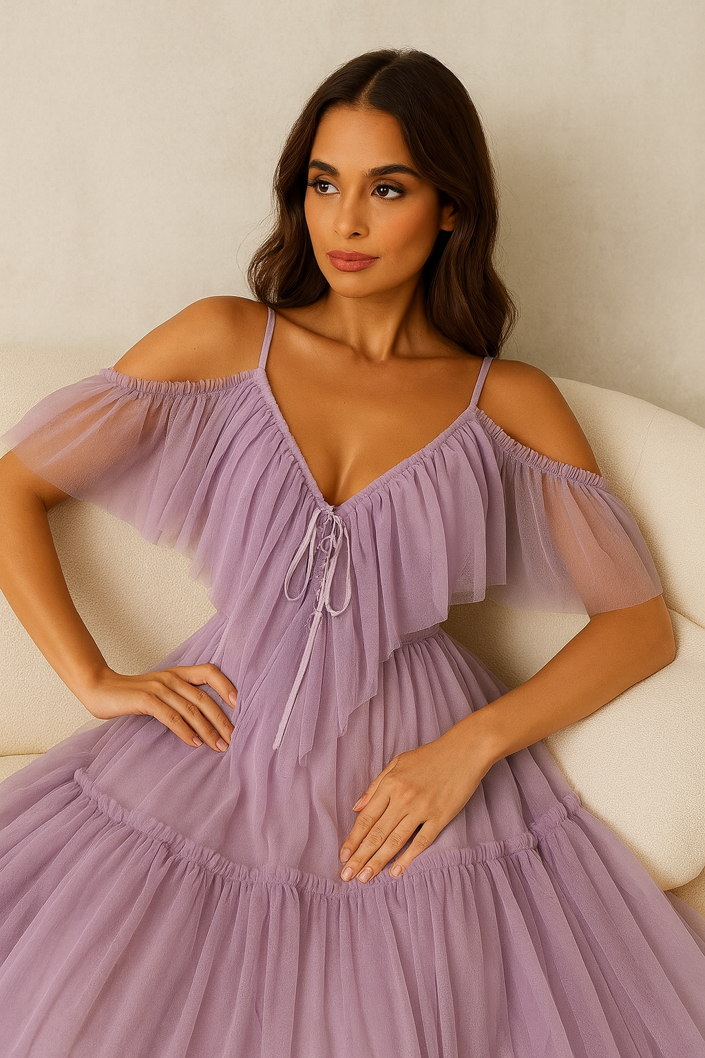 Lavender Dream Off-Shoulder Net Dress