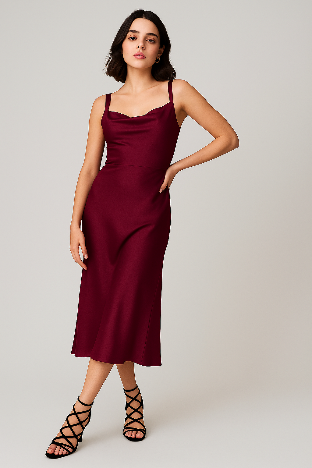 Magenta Satin Silk Maxi Dress with Cowl Neck