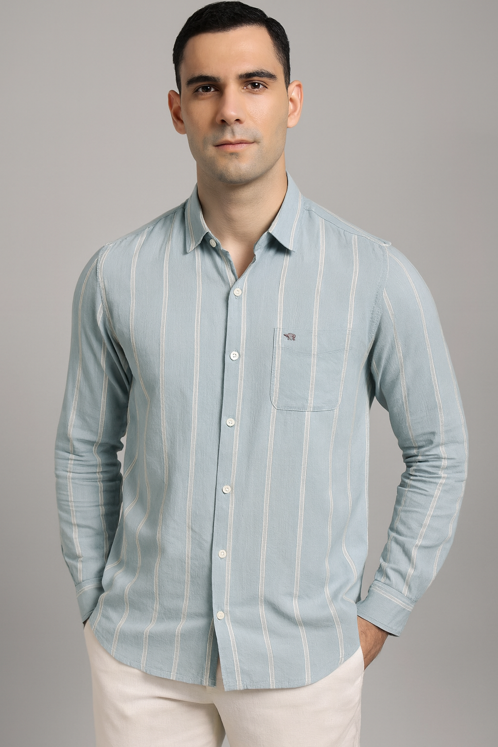 Blue & Grey Striped Cotton Casual Shirt with Patch Pocket