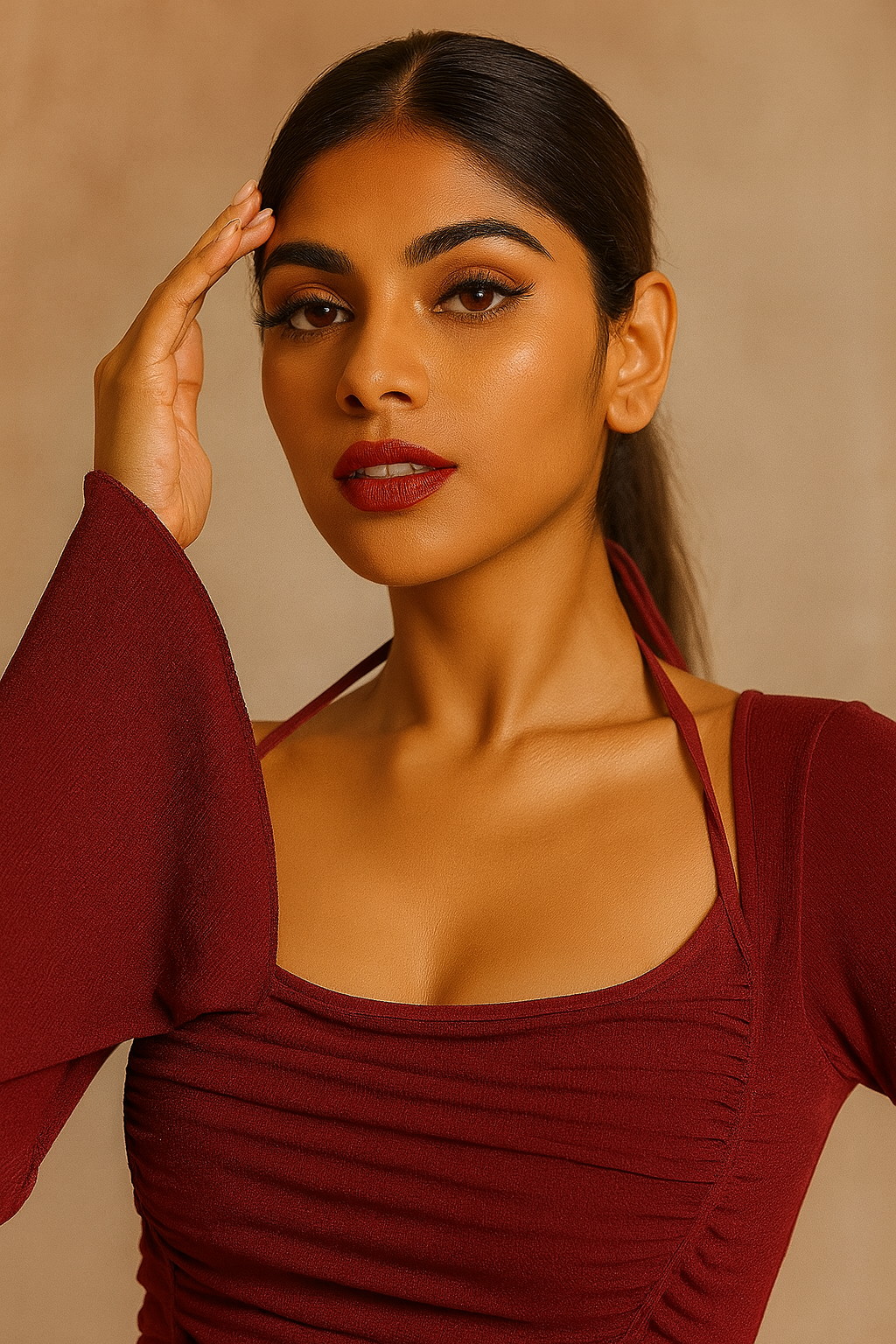 Women’s Maroon Ruched Front Halter Neck Crop Top with Flare Sleeves