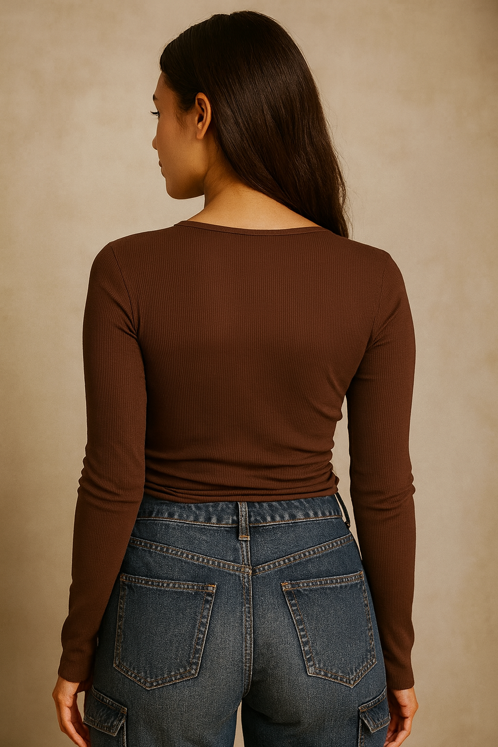 Women’s Solid Brown Ribbed Full Sleeve Henley Top