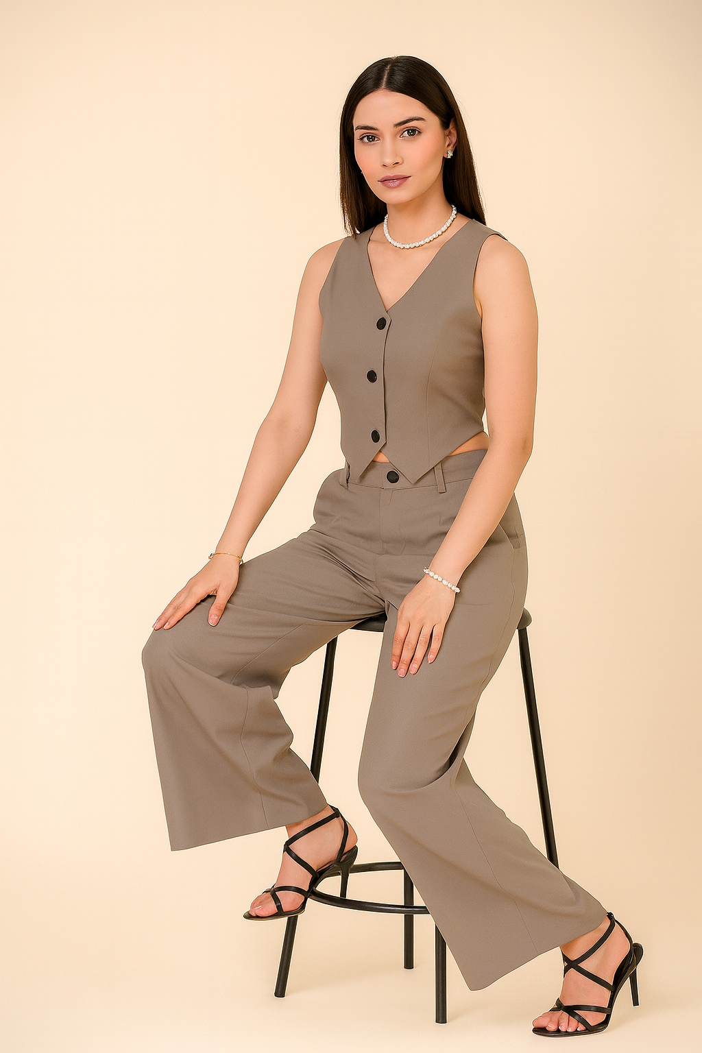 Women’s Sleeveless V-Neck Co-Ord Set with Wide-Leg Trousers – Elegant Formal Wear