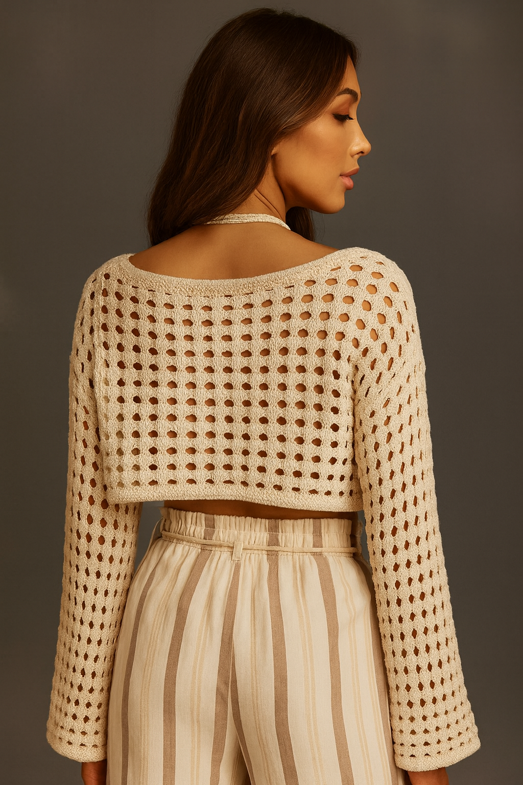 Beige Knitted Crochet Crop Top with Flared Sleeves