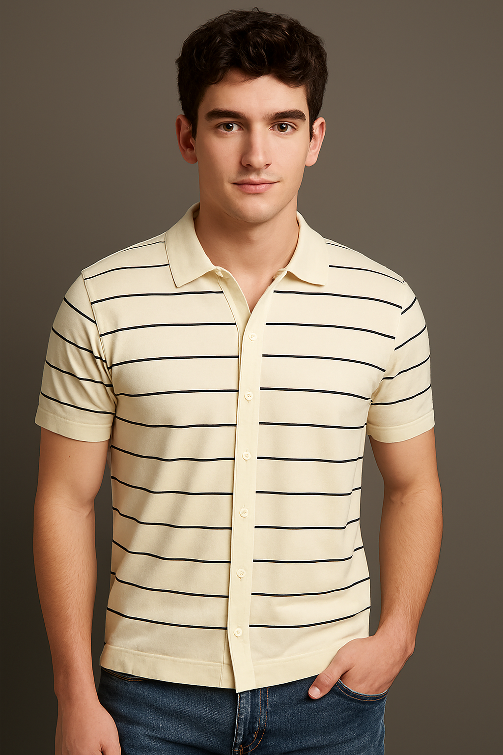 Men’s Striped Beige & Dew Polo T-Shirt – Cotton Comfort, Classic Style