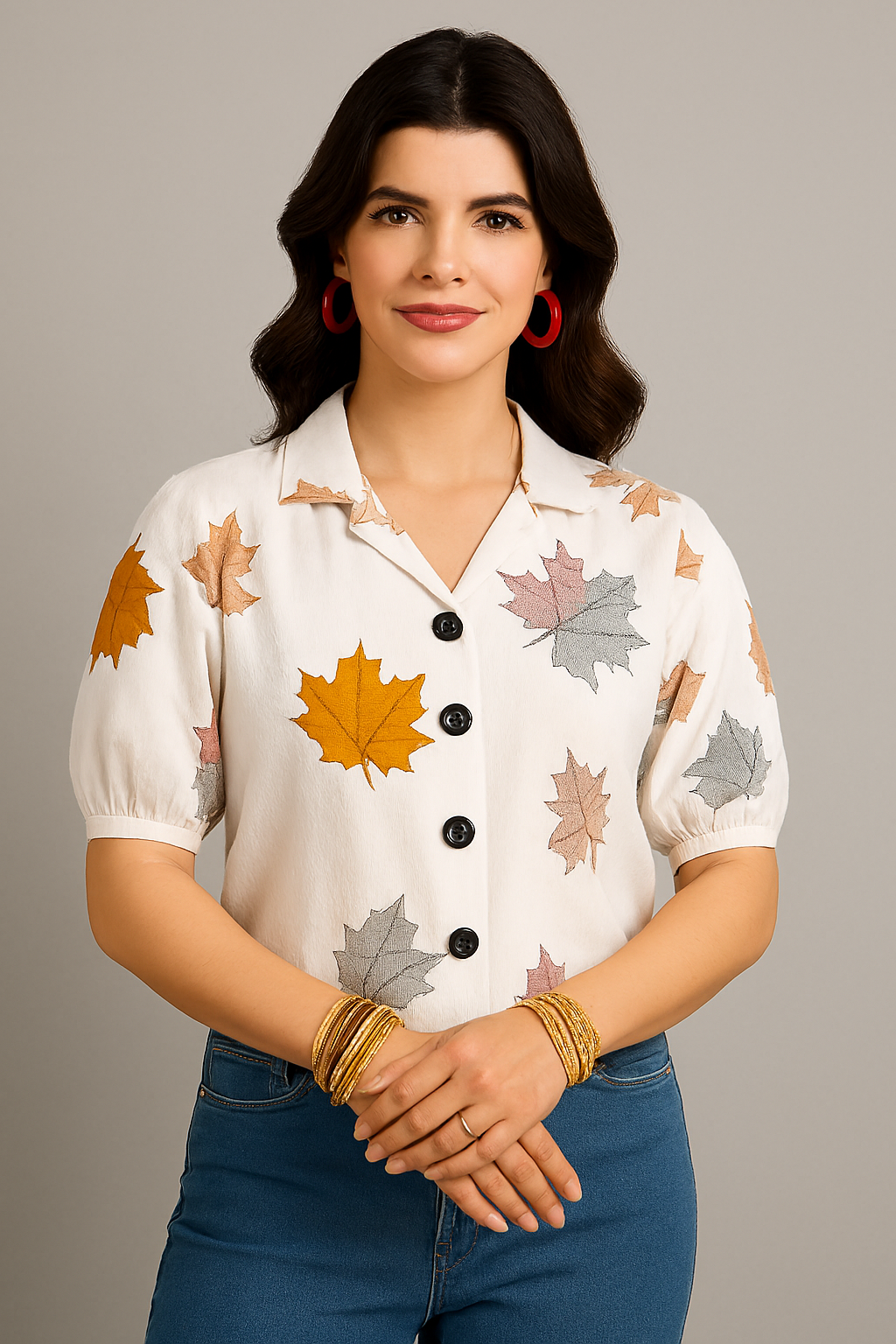 Women’s Casual Leaf Print Shirt Top – Short Sleeves