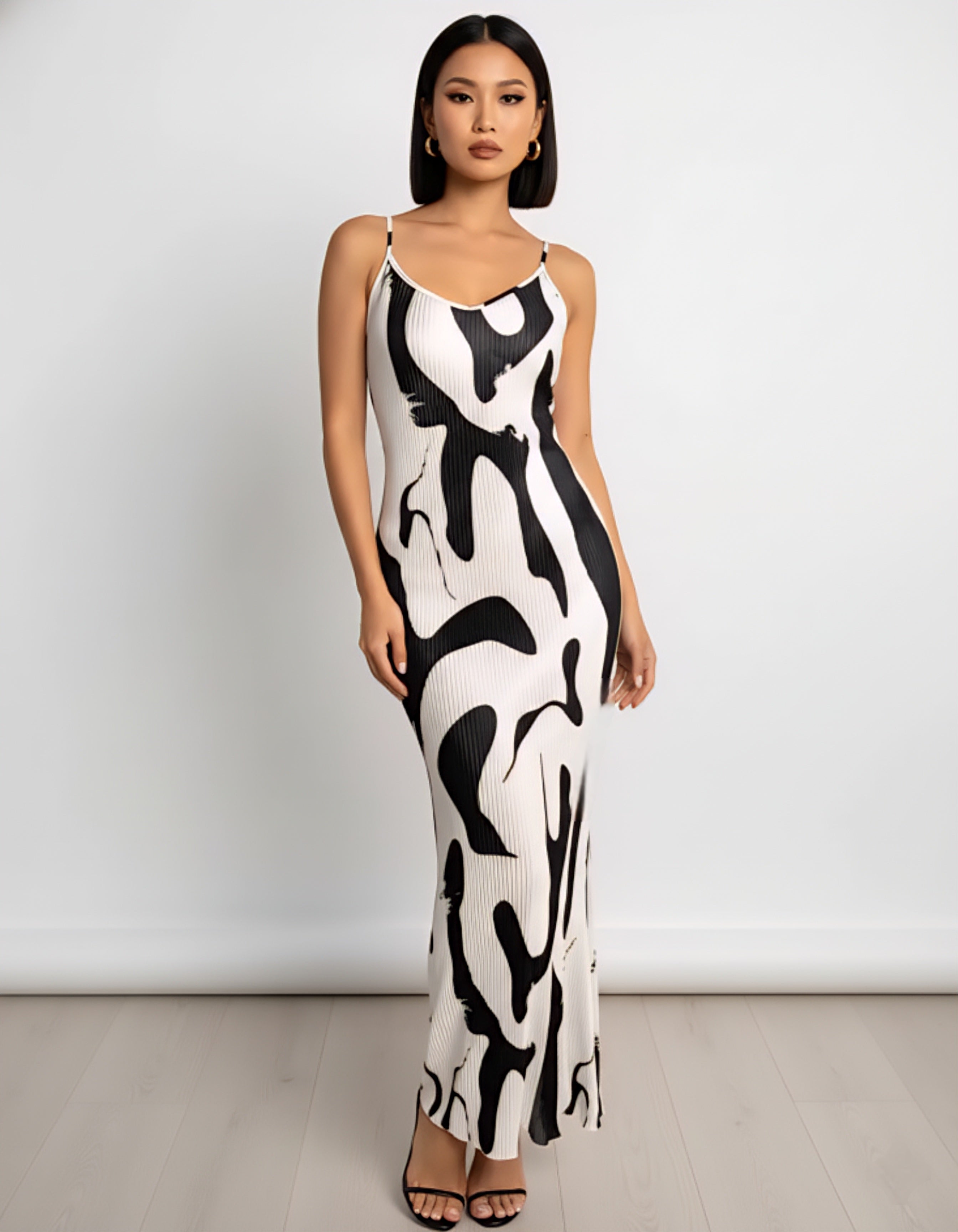 Elegant Graphic Print Thigh-Slit Cami Dress – Summer Designer Collection