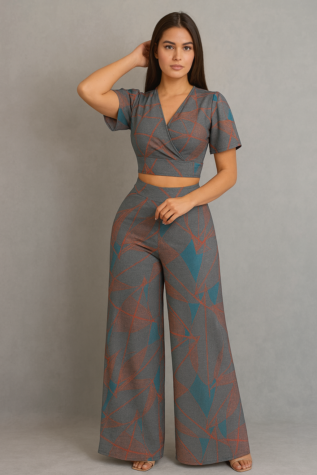 Chic Two-Piece Outfit - Modern Abstract Print Women’s Co-Ord Set | Crop Top & Flared Pants