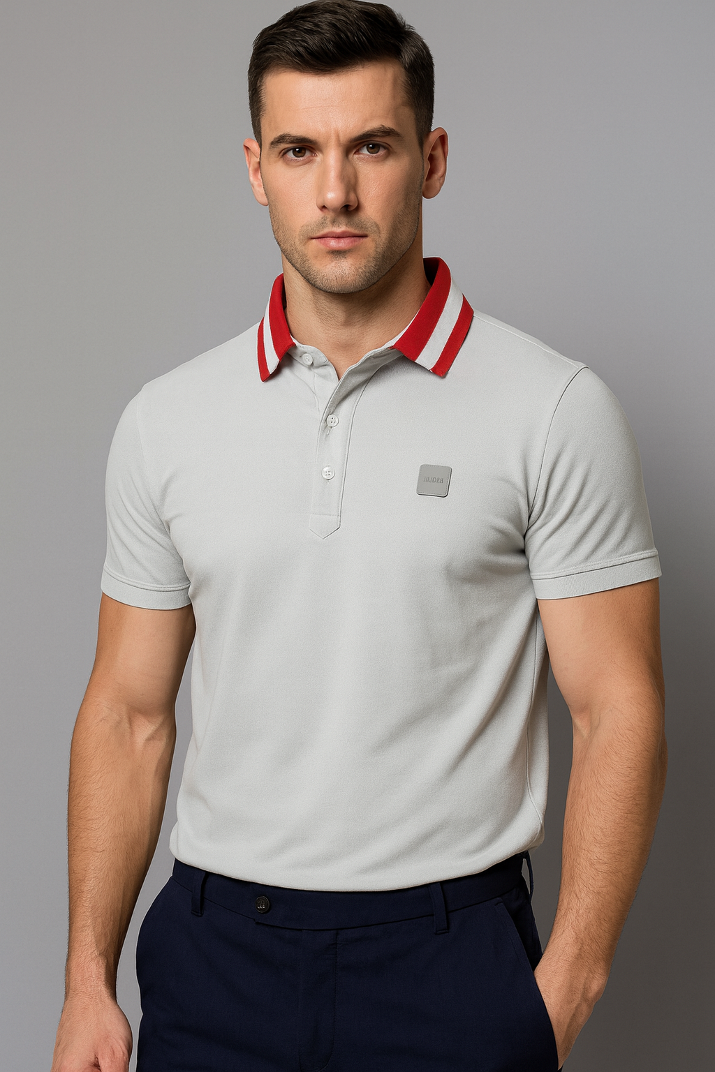 Men’s Grey Polo T-Shirt with Contrast Red Collar – Slim Fit Cotton Casual Wear