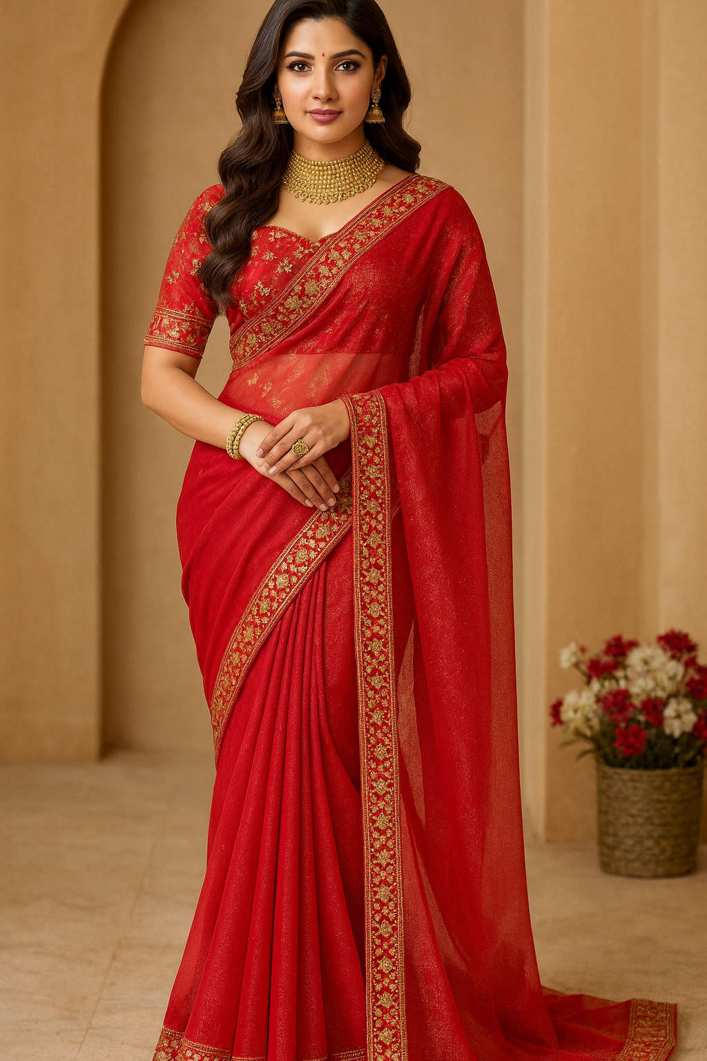 Premium & Festive Luxurious Red Silk Blend Saree Adorned with Golden Embroidery and Sequins