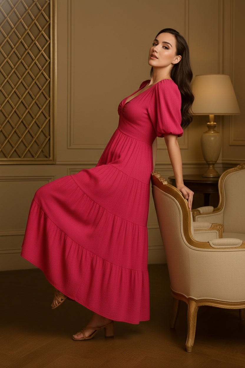 Elegant Pink Checked Cotton Fit & Flare Dress with Balloon Sleeves