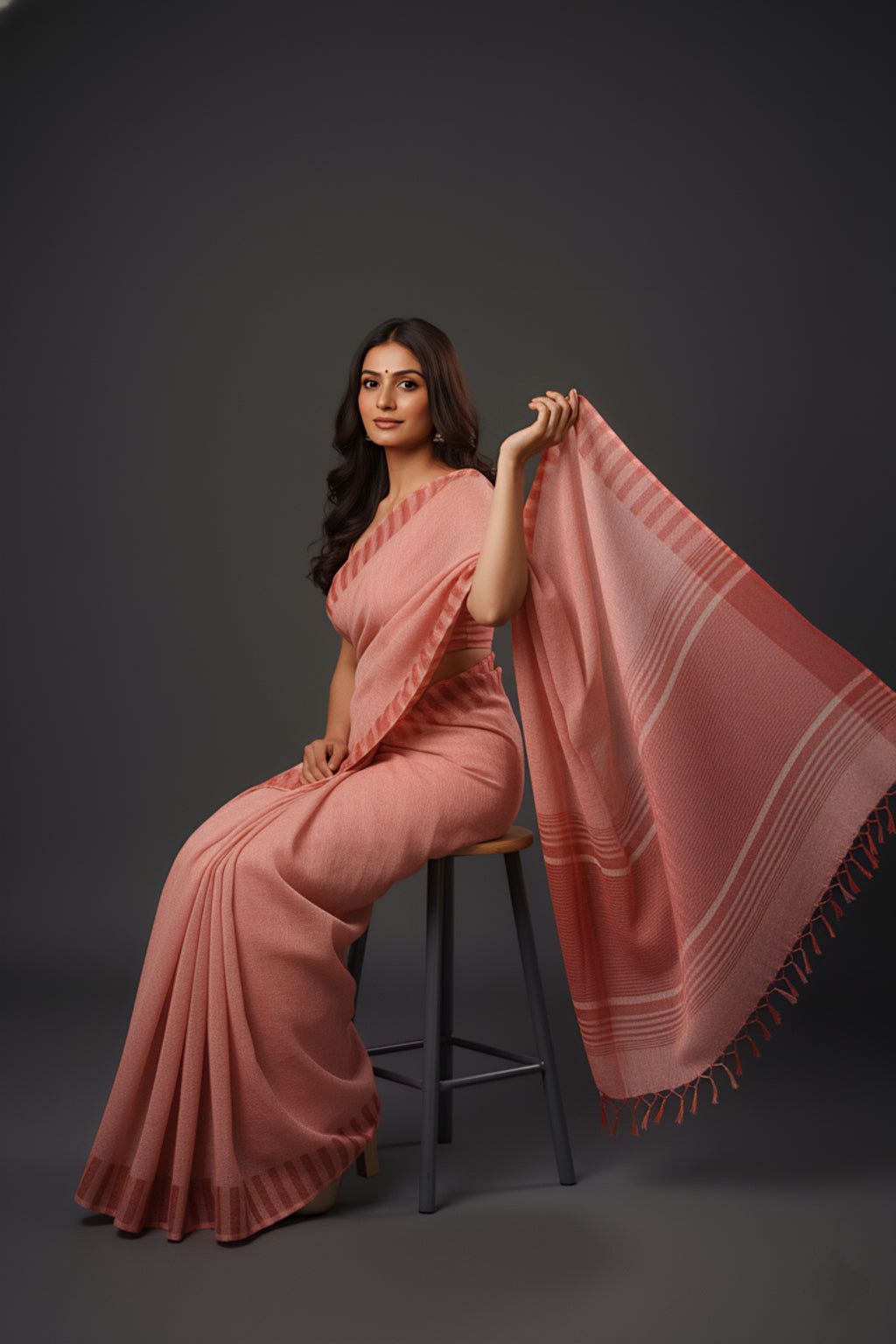 Graceful Red Brasso Saree with Floral Prints & Stylish Striped Edges