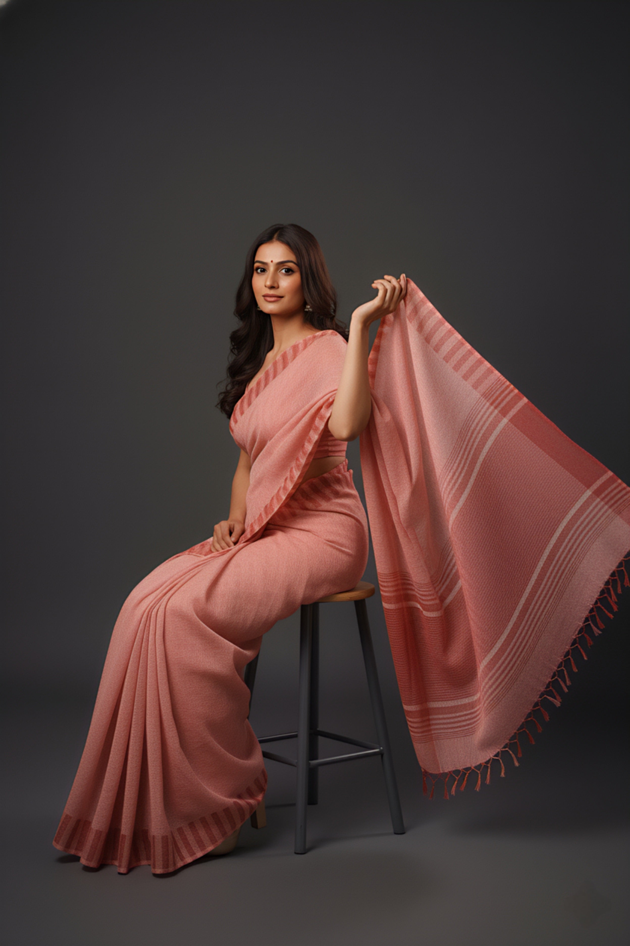 Graceful Red Brasso Saree with Floral Prints & Stylish Striped Edges