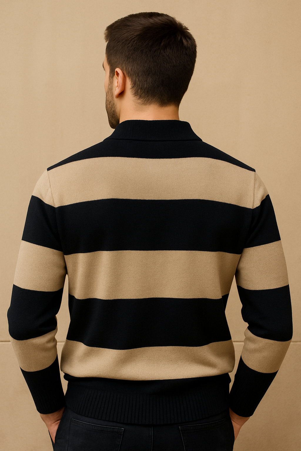Men’s Regular Fit Beige & Black Striped Polo Sweater | Acrylic Knit Long Sleeve
