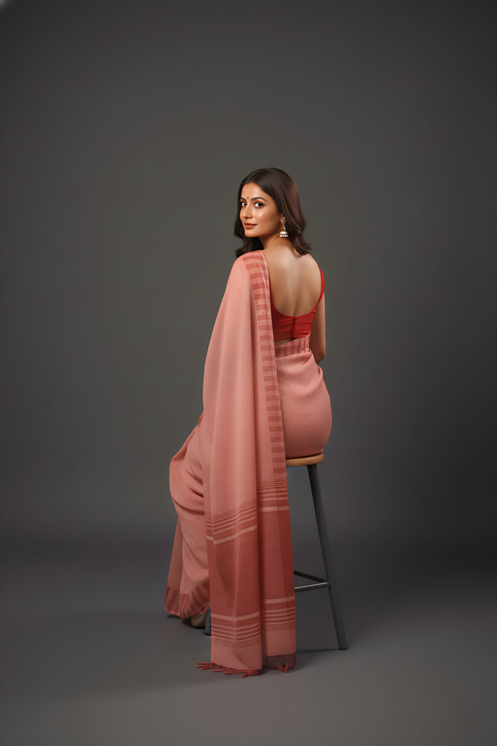 Graceful Red Brasso Saree with Floral Prints & Stylish Striped Edges