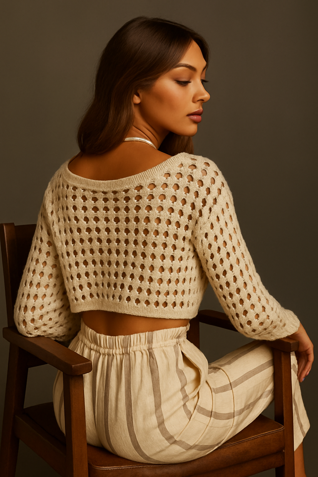 Beige Knitted Crochet Crop Top with Flared Sleeves