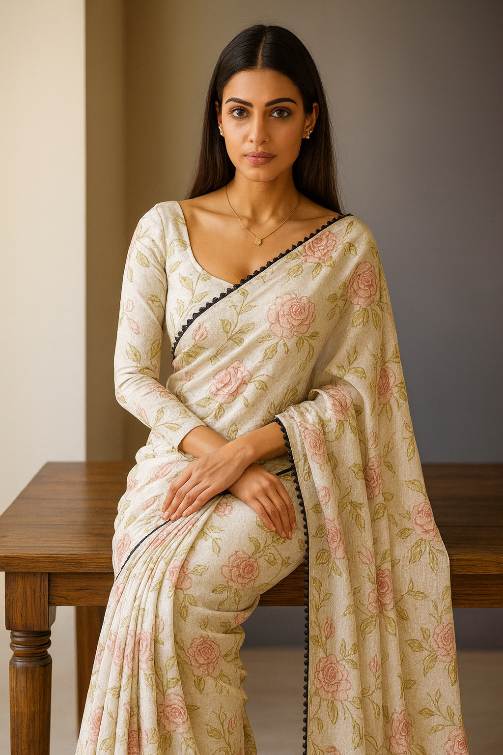 Ethereal Bloom – White & Green Georgette Saree with Gota Embellishment