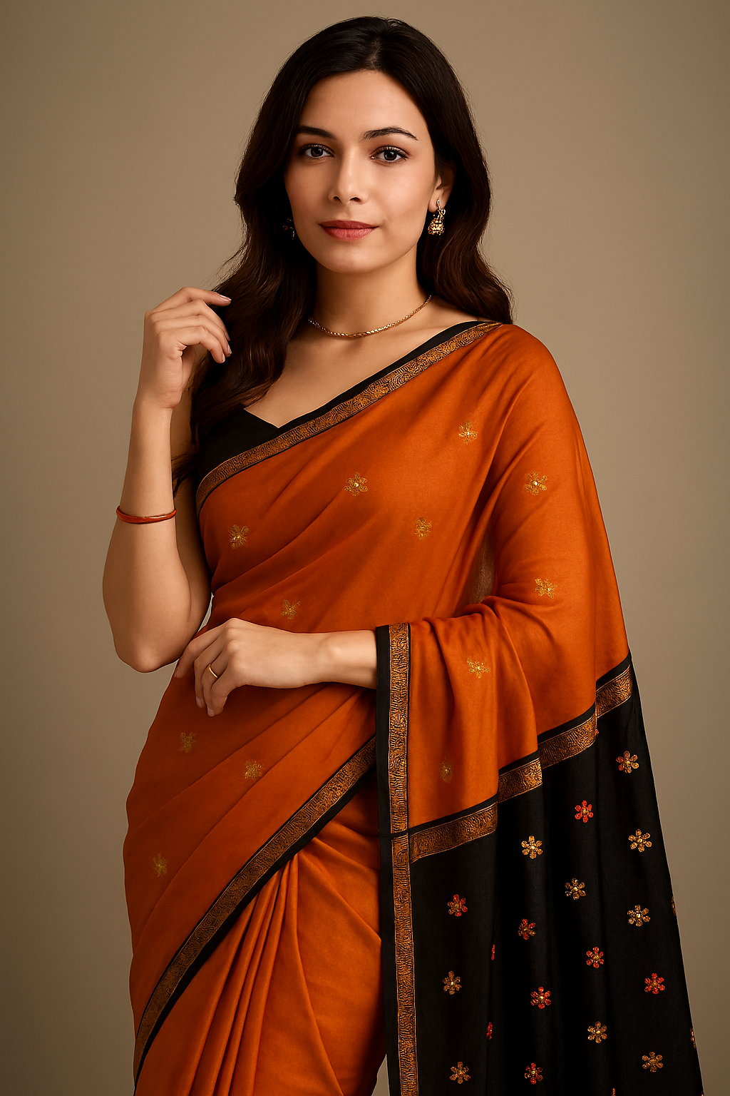 Traditional Banarasi zari saree in elegant orange with golden tones