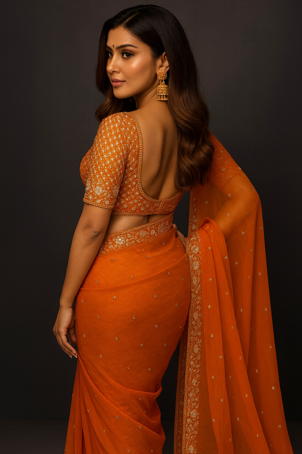 Premium Orange Organza Saree with Golden Sequin Embellished Border