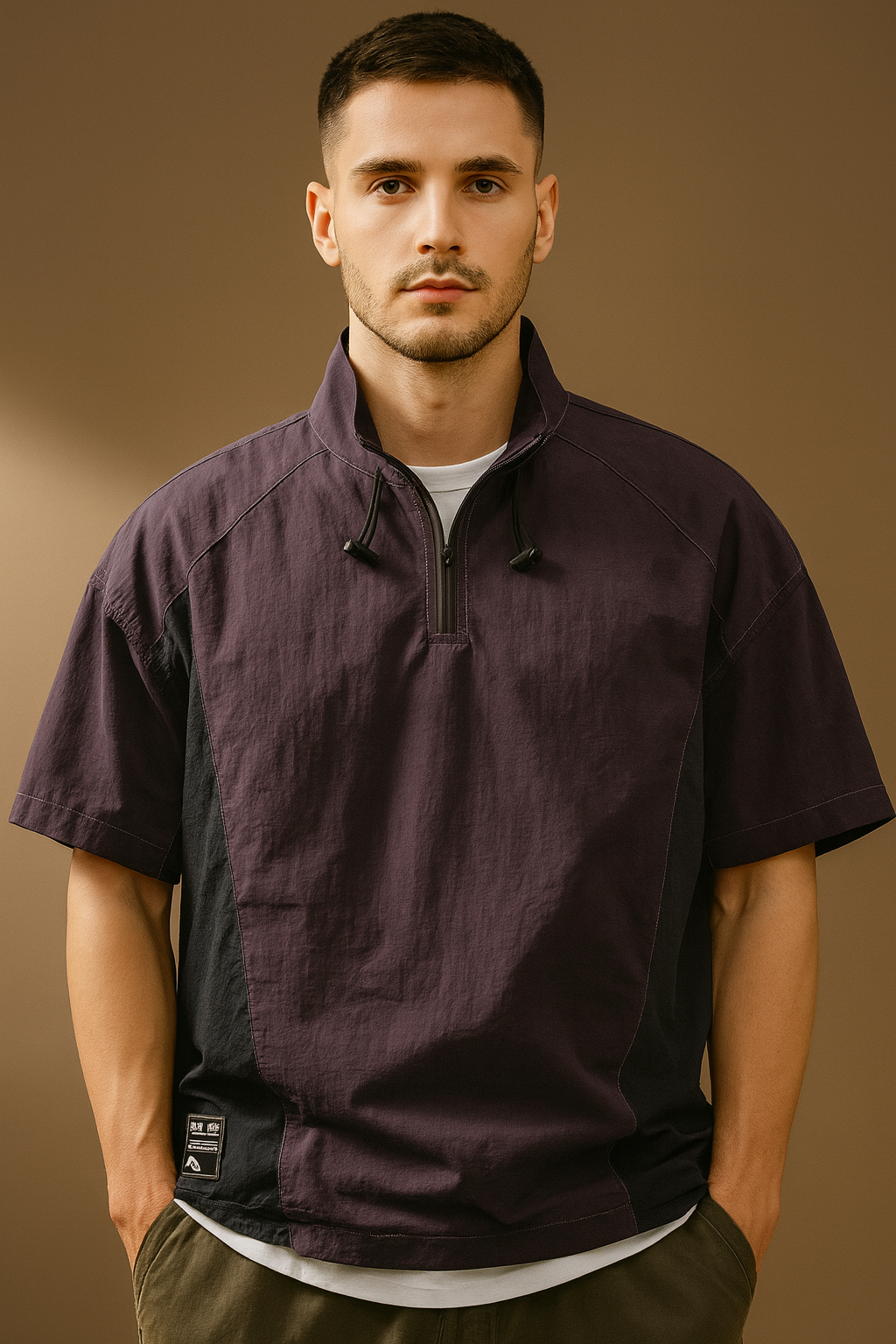 Men’s Purple High-Neck Colourblocked Relaxed Fit T-Shirt