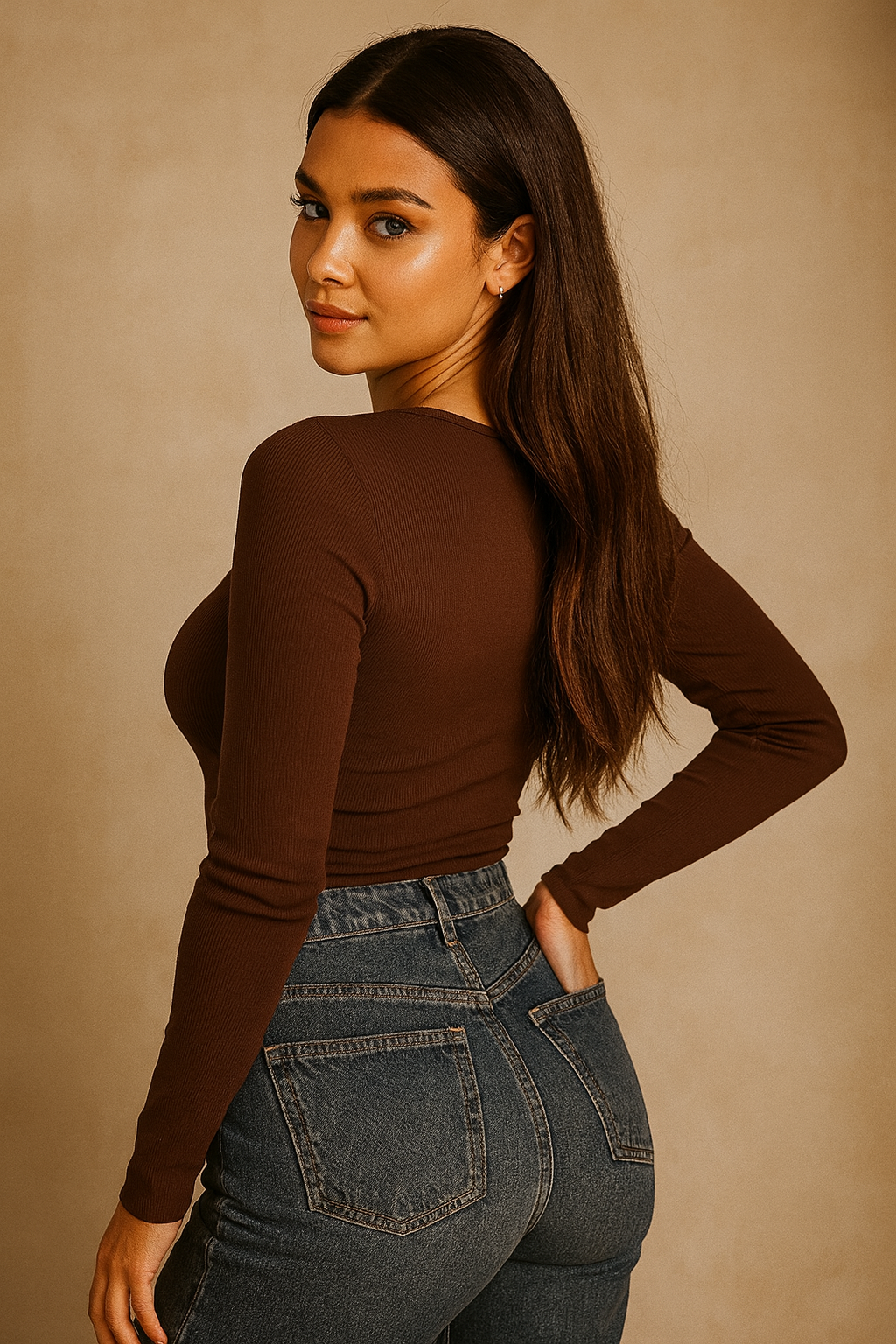 Women’s Solid Brown Ribbed Full Sleeve Henley Top