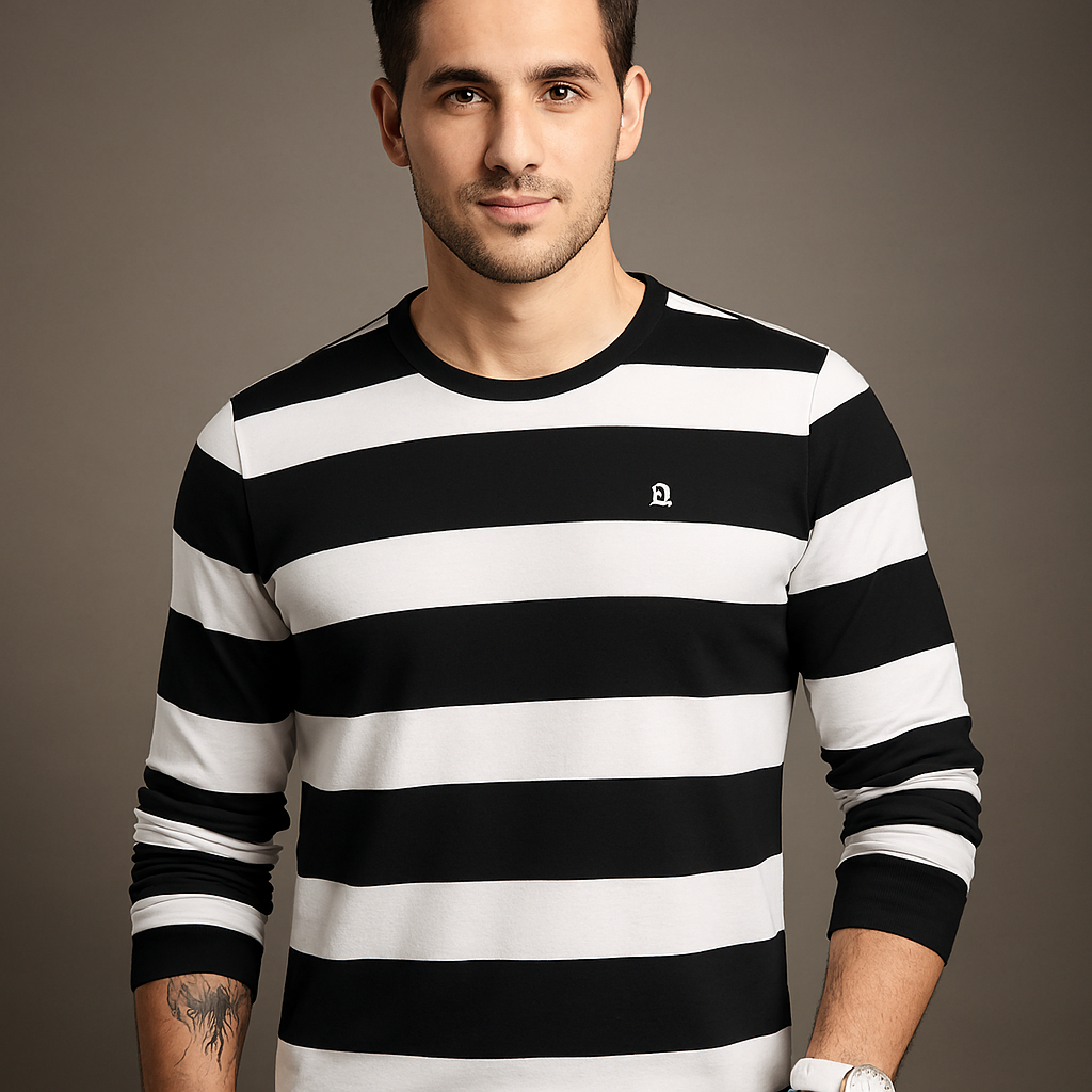 Men's Black & White Striped Full Sleeve Casual T-Shirt
