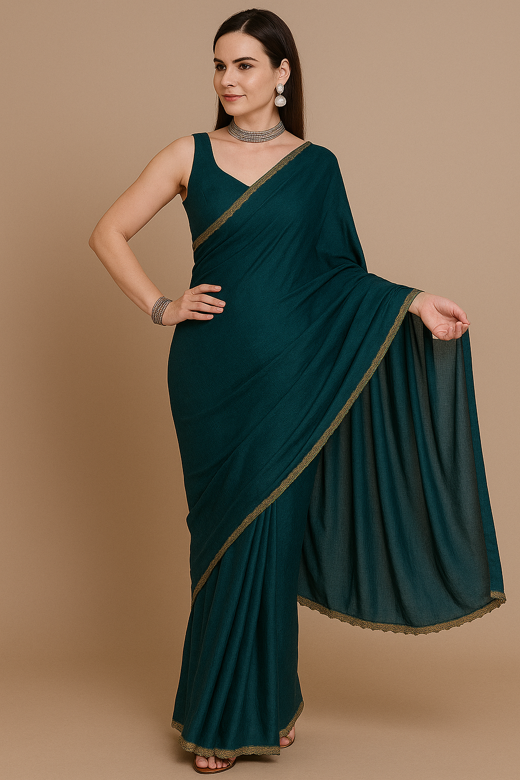 Elegant Teal Saree with Golden Border – Stylish Party & Wedding Wear for Women