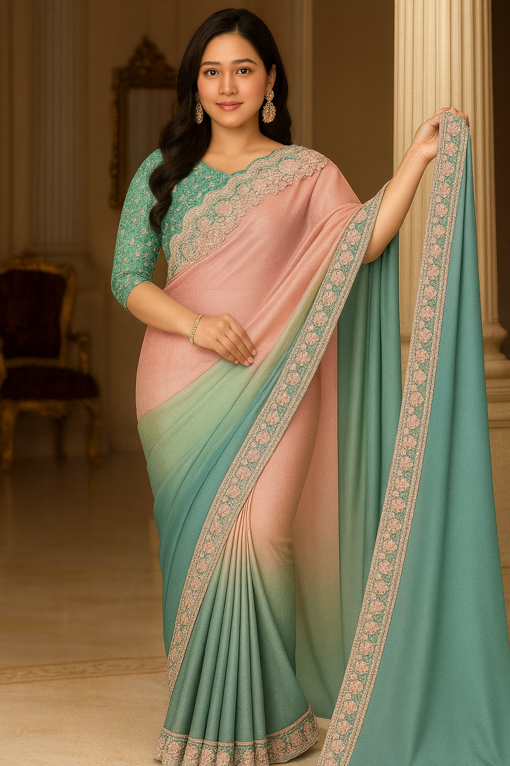 Peach & Teal Ombre Pure Chiffon Saree with Hand-Embellished Sequin Border