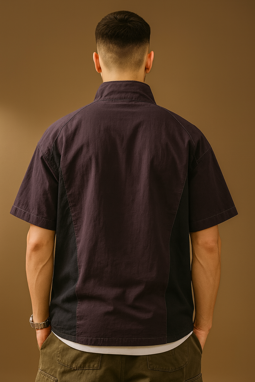 Men’s Purple High-Neck Colourblocked Relaxed Fit T-Shirt