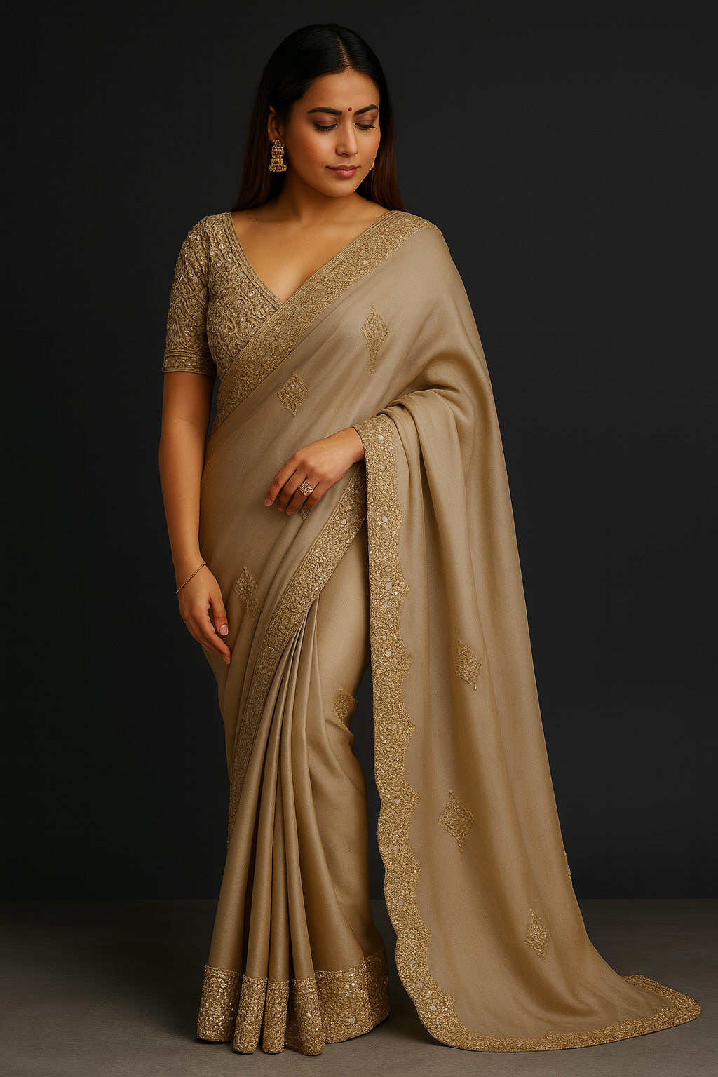 Satrani Beige Tissue Saree with Embroidered Dola Silk Blend Blouse Piece