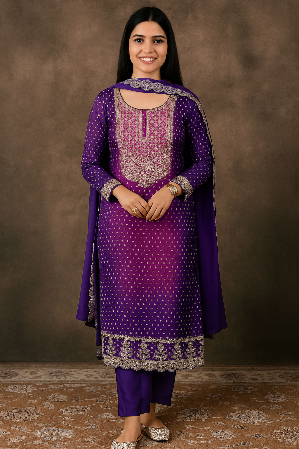 Elegant Purple Silk Blend Bandhani Kurta Set with Zari Embroidery & Dupatta