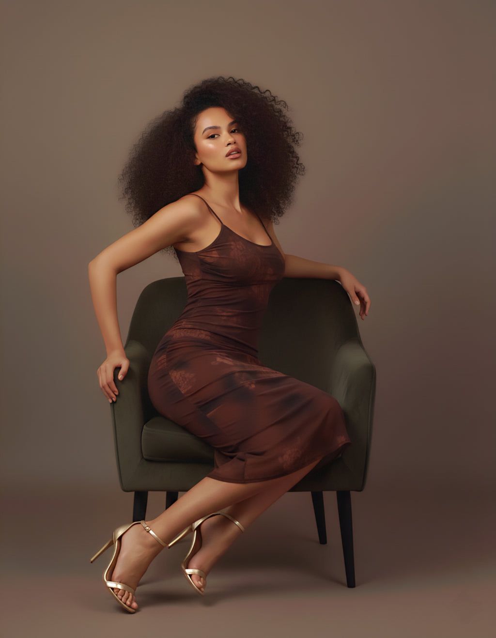 Elegant Brown Imported Net Maxi Dress