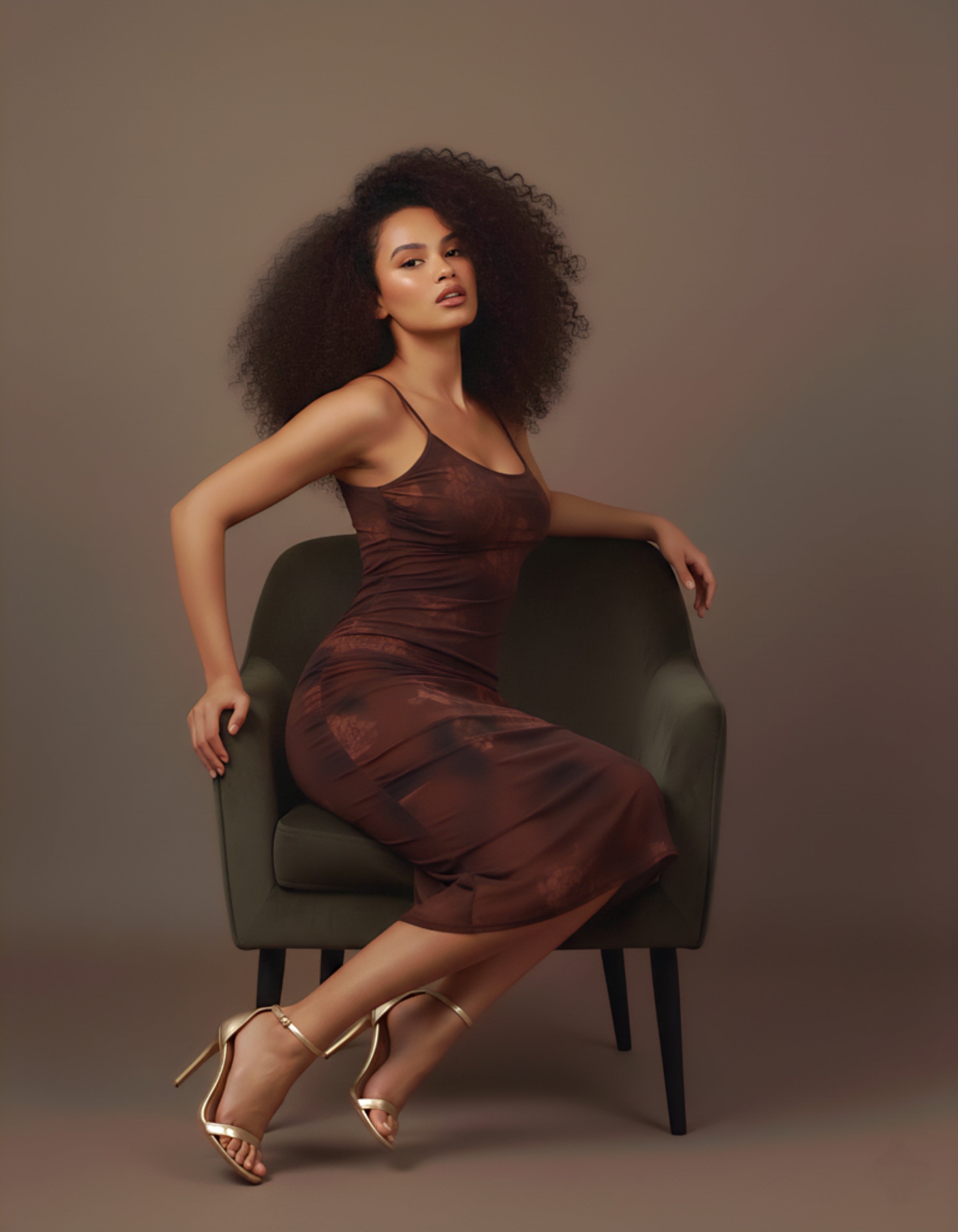 Elegant Brown Imported Net Maxi Dress