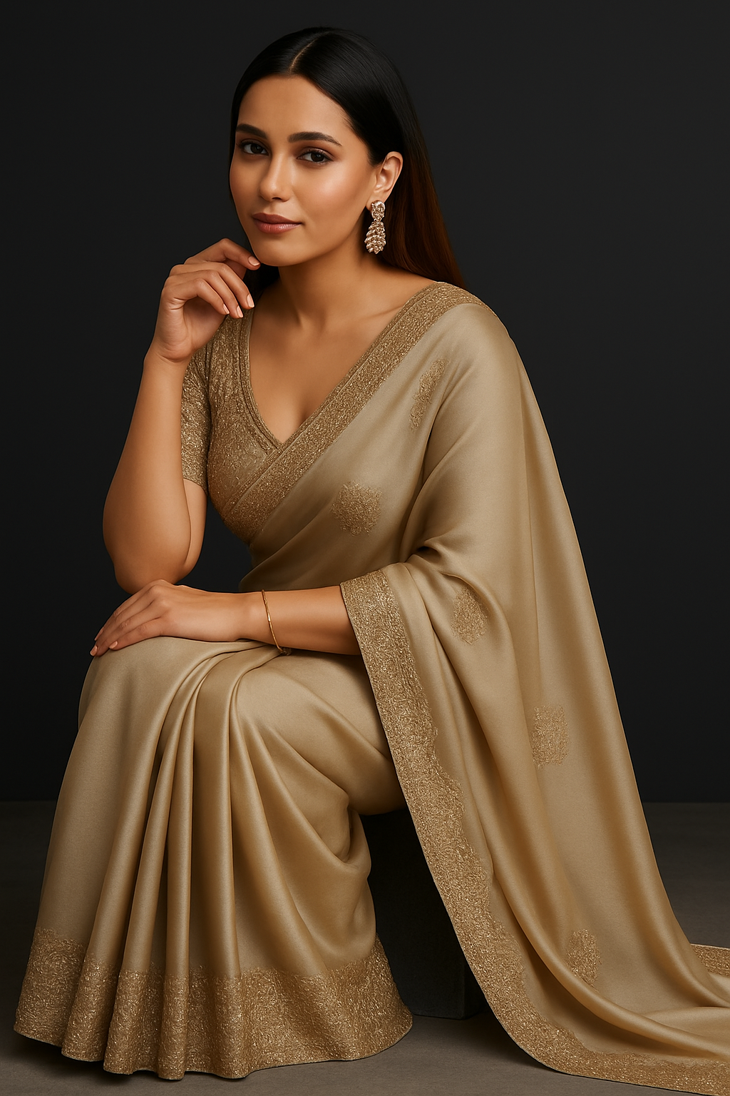 Satrani Beige Tissue Saree with Embroidered Dola Silk Blend Blouse Piece