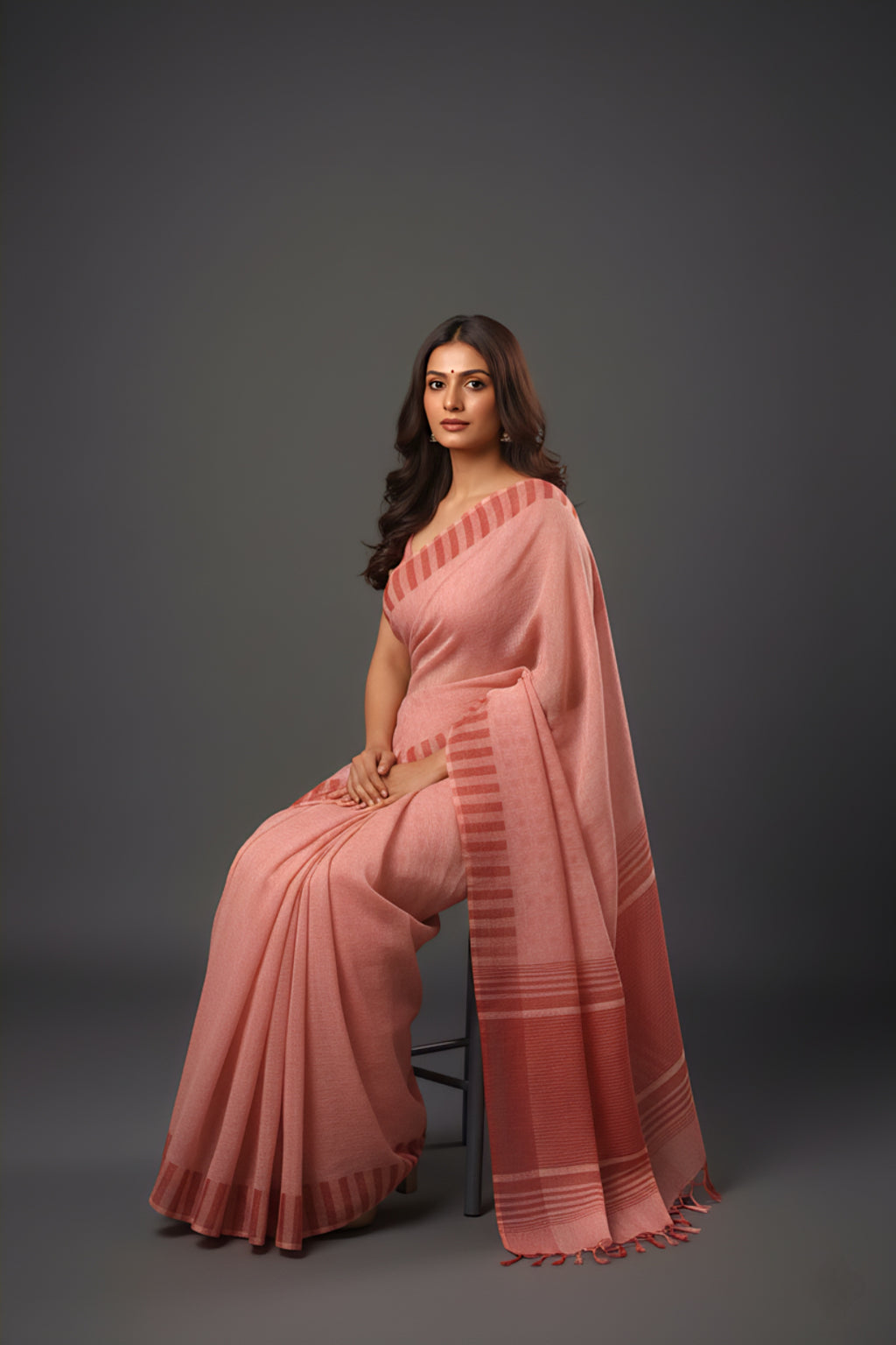 Graceful Red Brasso Saree with Floral Prints & Stylish Striped Edges