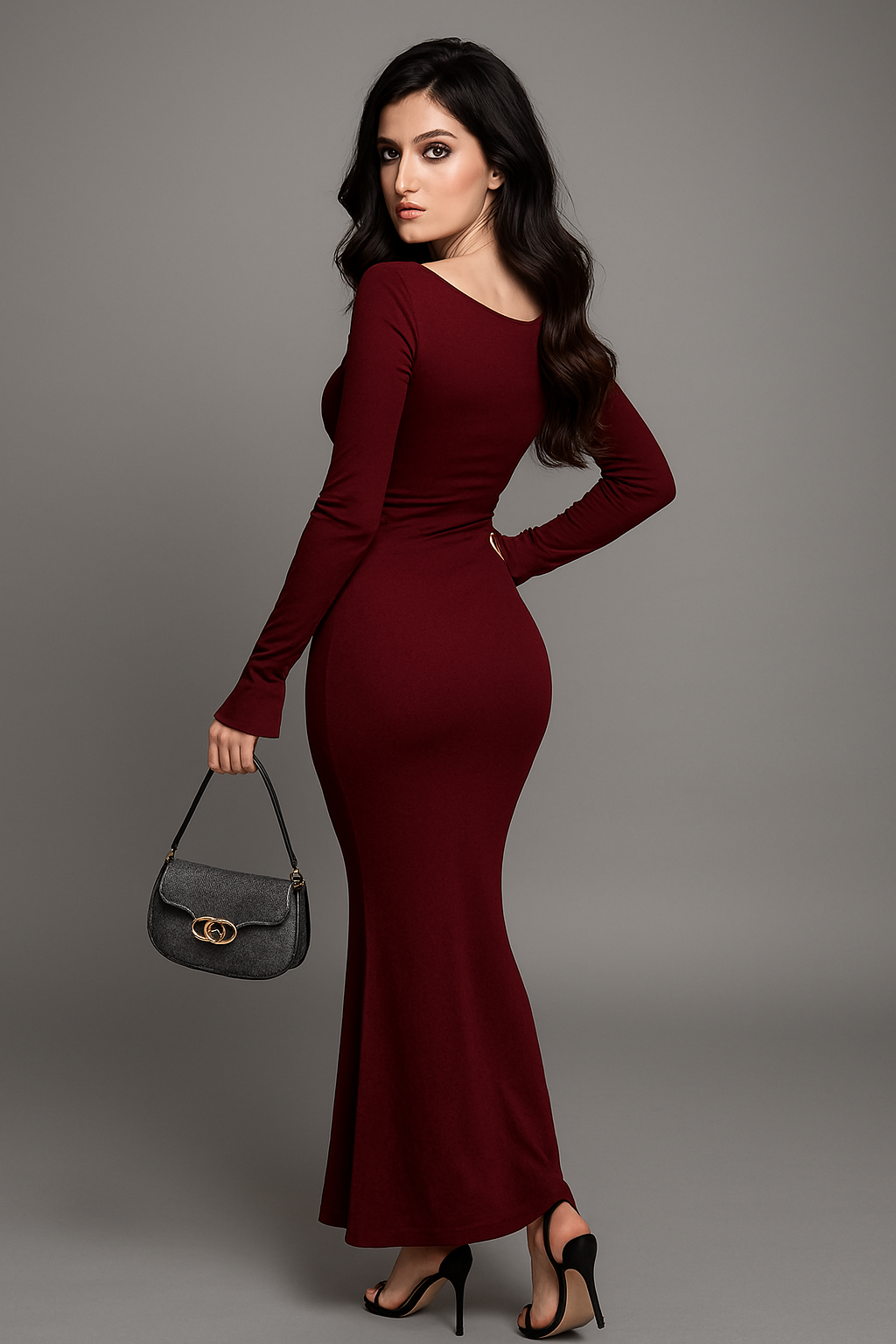 Women’s Wine Red Bodycon Maxi Dress with Ruched Front & Long Sleeves