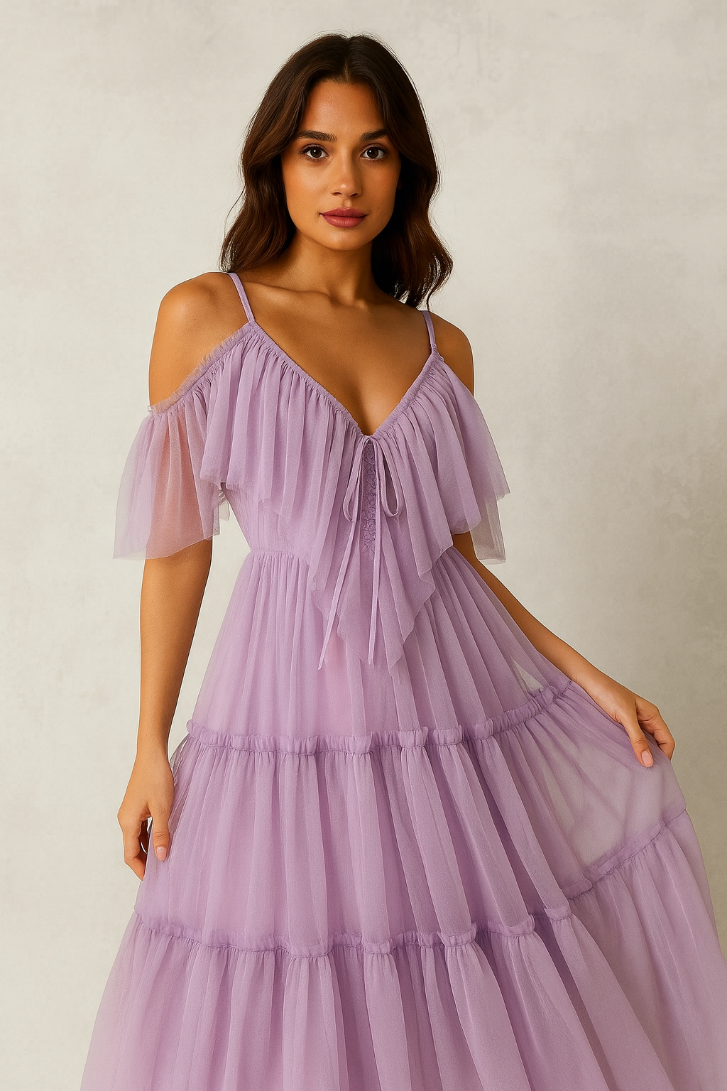 Lavender Dream Off-Shoulder Net Dress