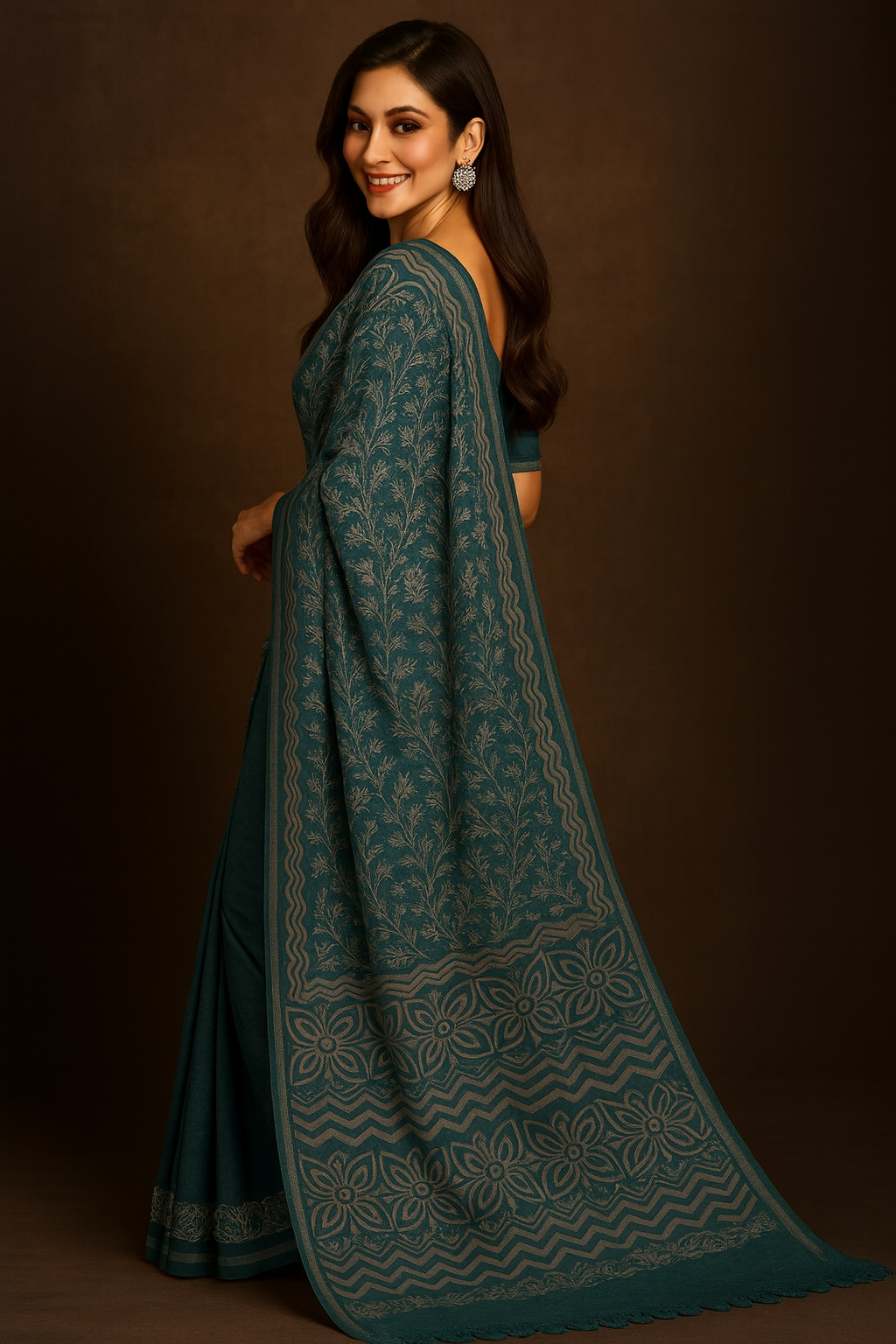 Teal Ikat Art Silk Saree with Embroidered Motifs & Embellished Border