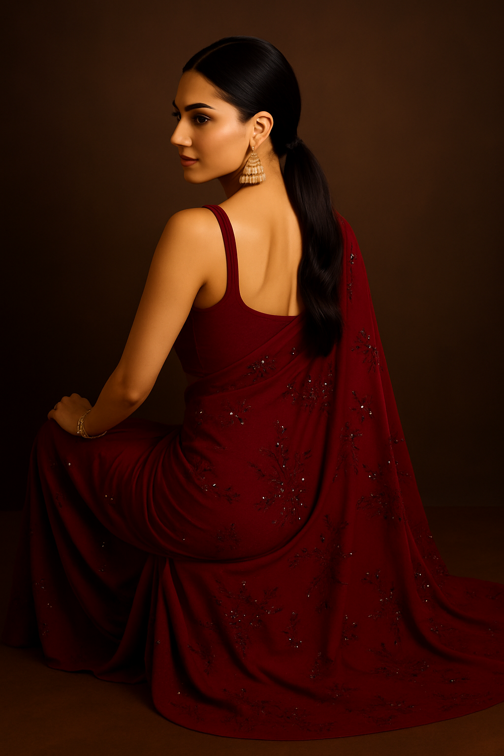 Maroon Pure Georgette Sequin Embellished Saree with Satin Blouse Piece