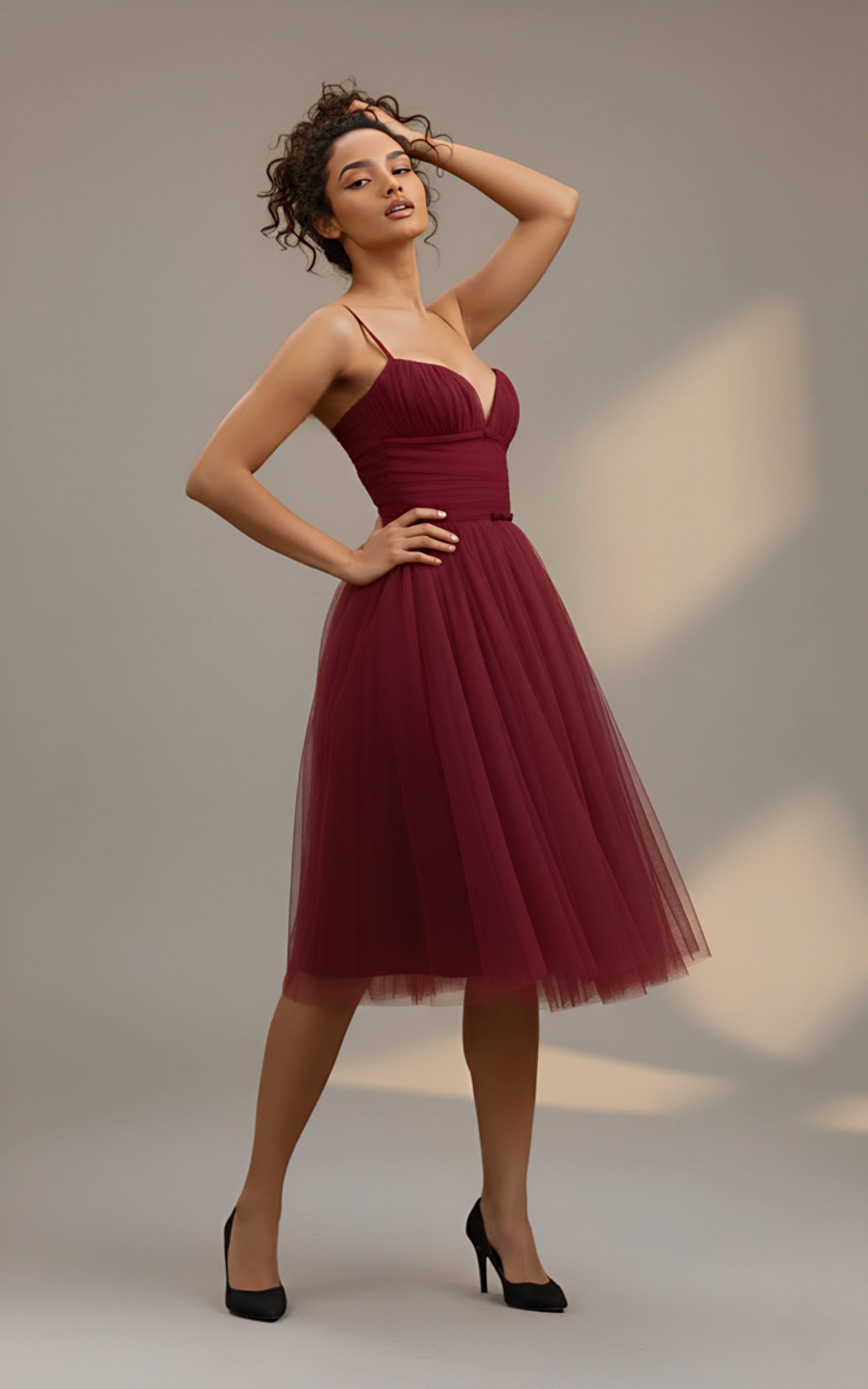 Maroon Sweetheart Neck Fit & Flare Midi Dress