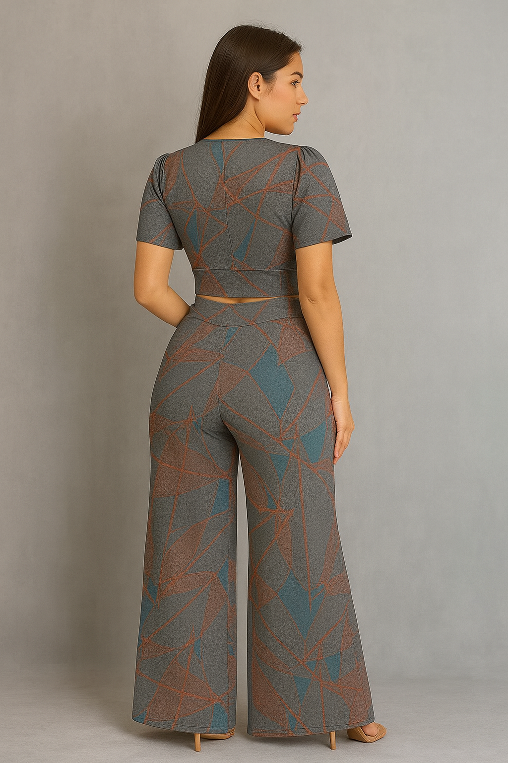 Chic Two-Piece Outfit - Modern Abstract Print Women’s Co-Ord Set | Crop Top & Flared Pants